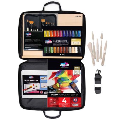 MASTERCLASS - 46-Piece Acrylic Painting Set – By Zieler | A3 Nylon Padded Case, A3 Wooden Table Top Easel, 24 Acrylic Paints Colours, 10 Mixed Media Paint Brushes, 4 Acrylic Boards, 5 Palette Knives & Keep-Wet Paint Palette | 09299375