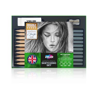 Artists Pencil Sketching Set - 10 Graded Pencils, Eraser & Metal Sharpener- by Zieler | 09299368