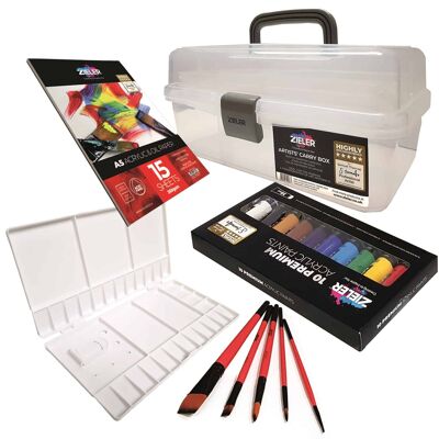 18-Piece Acrylic Caddy Box Gift Set - by Zieler | Contains: Art Caddy Storage Box, 10 Premium Acrylic Paints, 5 Premium Acrylic Brushes, 33-Well Folding Paint Palette & A5 Acrylic Art Pad | 09299294