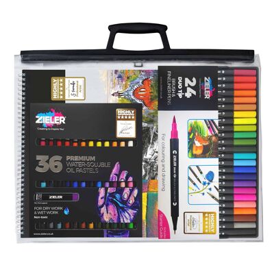Artists Colouring Set Bundle with Clear A3 Art Bag - by Zieler | 36 Oil Pastels, 24 Duotip Brush & Fineliner Drawing Pens, A3 Spiral Mixed Media Pad & A3 Art Carry Bag | 09299460