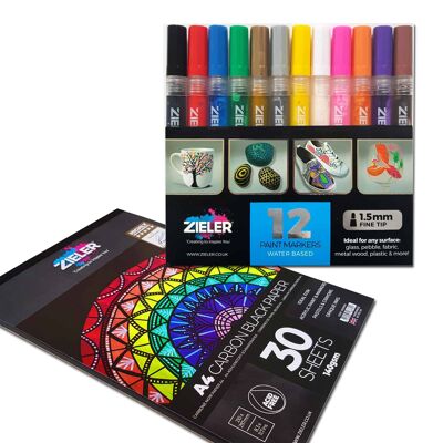 Zieler 12 Paint Marker Pens - 1.5mm | A4 Zieler Black Paper Cartridge Pad | Bundle Set | 09299457