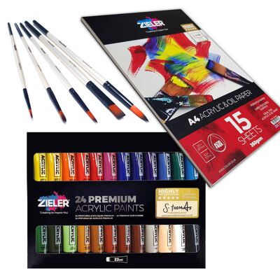 30-Piece Acrylic Paint Art Set Bundle - by Zieler | 24 Acrylic Colour Set (22ml tubes), A4 Acrylic Pad, 5 Mixed Media Brushes | 09299369