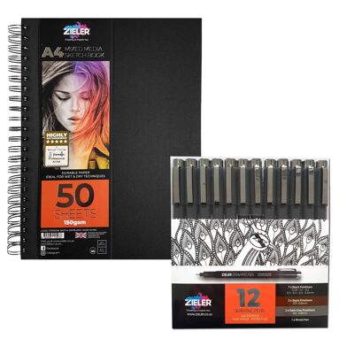 Fineliner Drawing Pens Starter Set - Zieler | 12 Fineliner Drawing Pens (Black, Sepia & Grey) & A4 Spiral, Hardback Mixed Media Sketchbook | 09299458