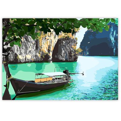 Paint By Numbers on A3 Canvas - Long Boat on Island | 24-Colour Gift Set by Zieler | 09299442