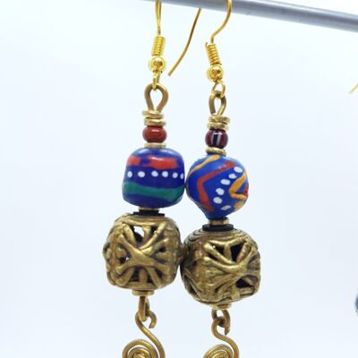 Noble pearl earrings made of glass, stone, brass "Happy Marrakech" - blue colored brass