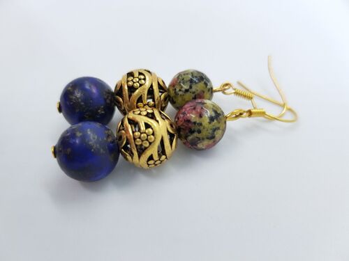 Edle Perlen-Ohrringe aus Glas, Stein, Messing "Happy Marrakesch" - Drei Perlen