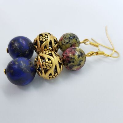 Boucles d'oreilles perles nobles en verre, pierre, laiton "Happy Marrakech" - trois perles