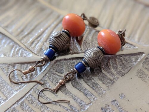 Edle Perlen-Ohrringe aus Glas, Stein, Messing "Happy Marrakesch" - Orange-Messing-Blaue-Perlenohrringe
