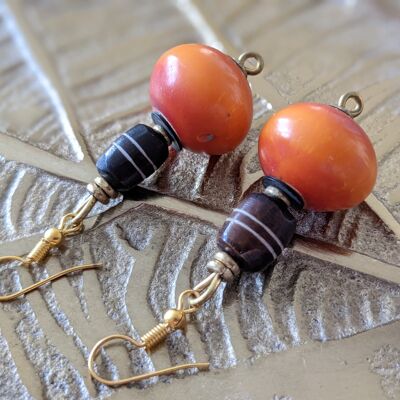 Noble pearl earrings made of glass, stone, brass "Happy Marrakech" - orange-brown pearl earrings