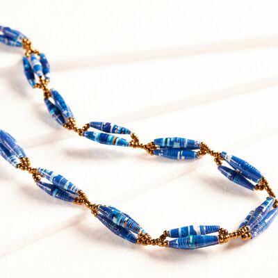 Short necklace with elongated paper beads in bundles "Senta" - Blue