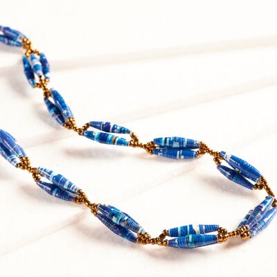 Kurze Halskette mit länglichen Papierperlen in Bündeln "Senta" - Blau