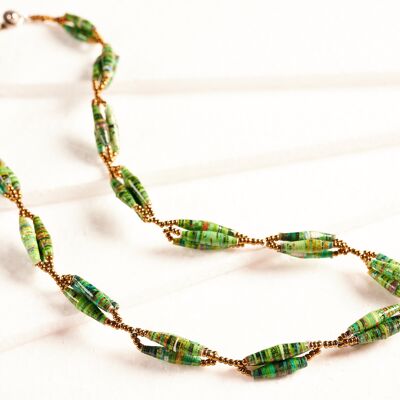 Short necklace with elongated paper beads in bundles "Senta" - Green