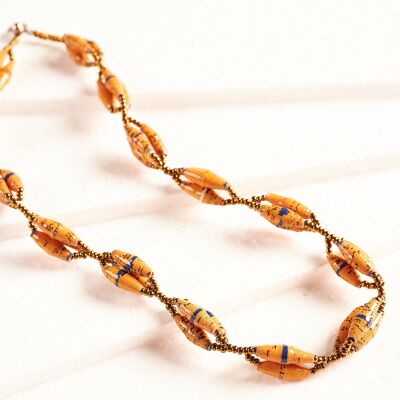 Short necklace with elongated paper beads in bunches "Senta" - Orange