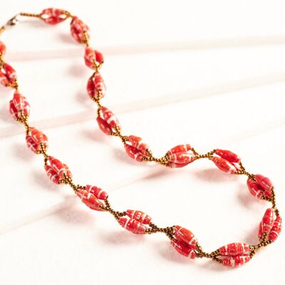 Short necklace with elongated paper beads in bundles "Senta" - Red