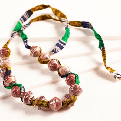 Paper bead necklace with African fabric ribbon "Songky Cloth" - brown