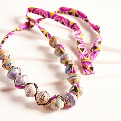 Paper bead necklace with African fabric ribbon "Songky Cloth" - colourful