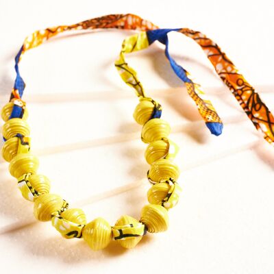 Paper bead necklace with African fabric ribbon "Songky Cloth" - yellow
