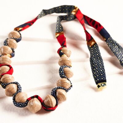 Paper bead necklace with African fabric ribbon "Songky Cloth" - grey