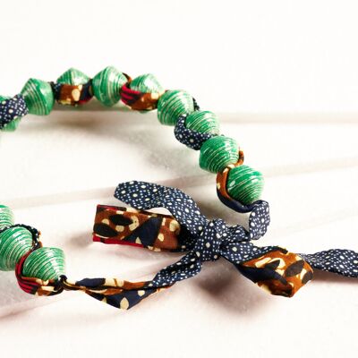 Paper bead necklace with African fabric ribbon "Songky Cloth" - Green