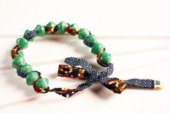 Collier en perles de papier avec ruban en tissu africain "Songky Cloth" - Vert 1