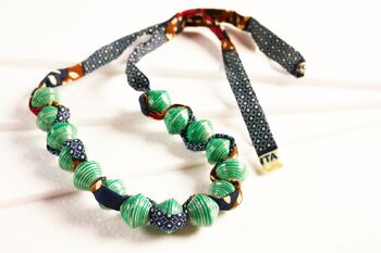 Collier en perles de papier avec ruban en tissu africain "Songky Cloth" - Vert 5