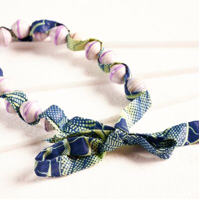 Paper bead necklace with African fabric ribbon "Songky Cloth" - light tones