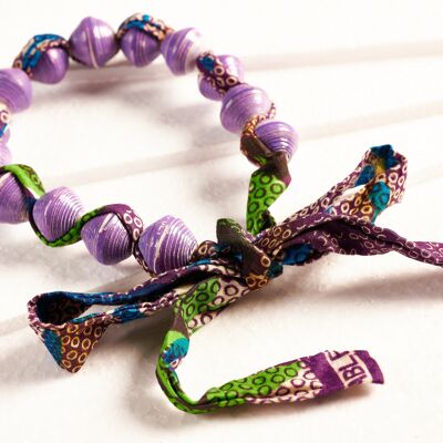 Paper Bead Necklace with African Fabric Ribbon "Songky Cloth" - Purple