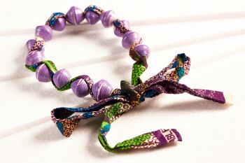 Collier de Perles de Papier avec Ruban de Tissu Africain "Songky Cloth" - Violet 1