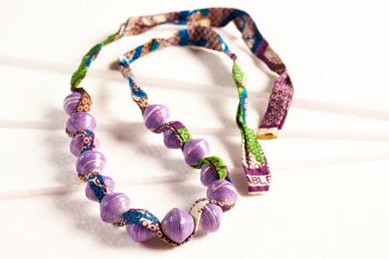 Collier de Perles de Papier avec Ruban de Tissu Africain "Songky Cloth" - Violet 7
