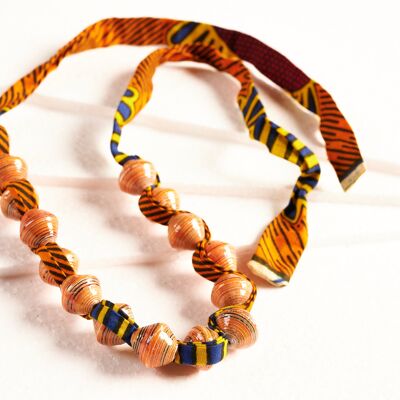 Paper bead necklace with African fabric ribbon "Songky Cloth" - Orange