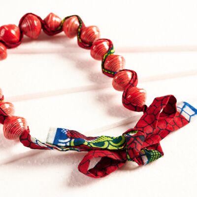 Collier de Perles de Papier avec Ruban de Tissu Africain "Tissu Songky" - Rouge