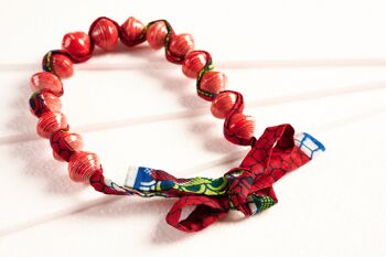 Collier de Perles de Papier avec Ruban de Tissu Africain "Tissu Songky" - Rouge 1