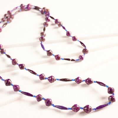 Long collier de perles en perles de papier "Perles d'Afrique" - violet
