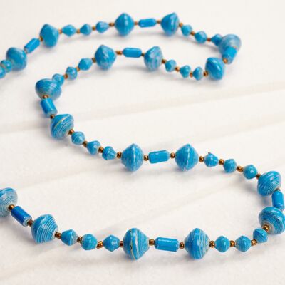 Long pearl necklace with large and small paper pearls "Muzungo Long" - Blue