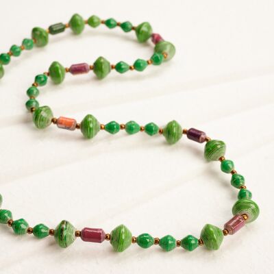 Long pearl necklace with large and small paper pearls "Muzungo Long" - Green