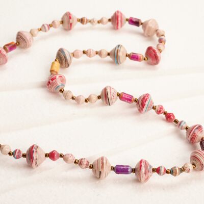Long pearl necklace with large and small paper pearls "Muzungo Long" - Pink