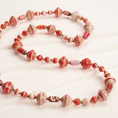 Long pearl necklace with large and small paper pearls "Muzungo Long" - Red