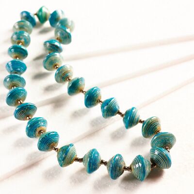 Short necklace with large paper beads "Lupita" - Blue