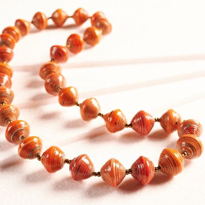 Long necklace with large paper beads "Katogo Flower" - Orange