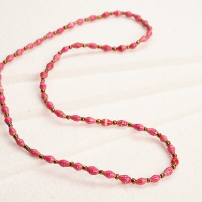 Long, fine necklace with paper beads "Acholi Malaika" - pink