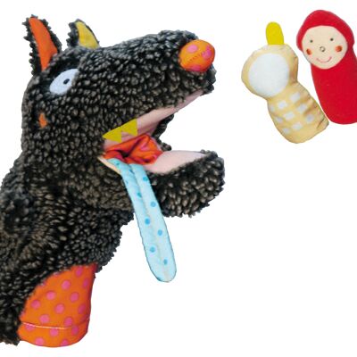 Doudou Wolf Puppet and his 3 finger puppets, manipulation, awakening,; story. 20cm