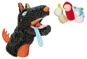 Doudou Marionnette Loup et ses 3 marionnettes de doigt, manipulation, éveil,; histroire. 20 cm  1