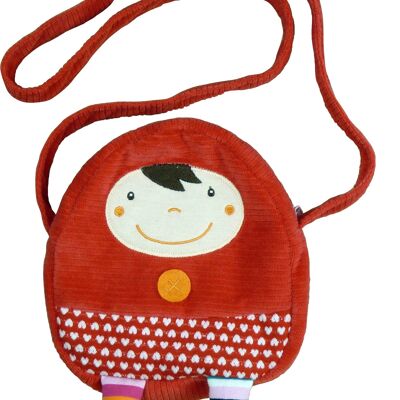 Red Riding Hood satchel, zipper, large strap, on cardboard background. Machine washable at 30°