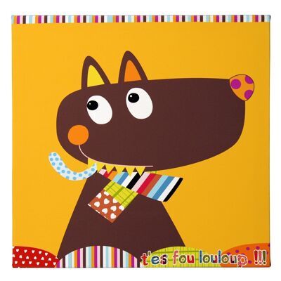 Child's bedroom decor painting, Mr Louloup. Size 30 x 30 cm. Wood fabrics. Birth Gift