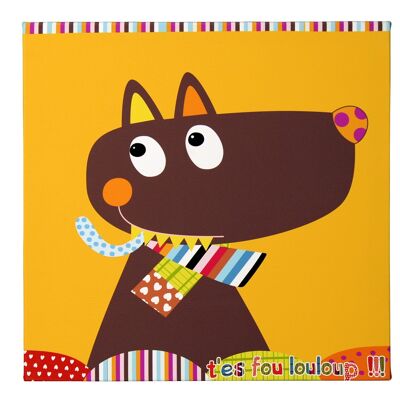 Child's bedroom decor painting, Mr Louloup. Size 30 x 30 cm. Wood fabrics. Birth Gift