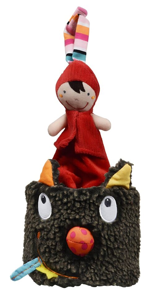 Doudou peluche musicale Louloup chaperon rouge. Cadeau Naissance. Sans piles. Jouet cache cache. lien velcro. H : 30 cm