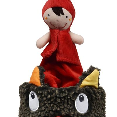 Louloup red riding hood musical soft toy. Birth gift. Without batteries. Hide and seek toy. velcro link. Height: 30cm