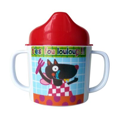 Mug mélamine bébé avec 2 anses et couvercle anti fuite. Hauteur 10,5 cm. Collection T'es Fou Louloup !!!