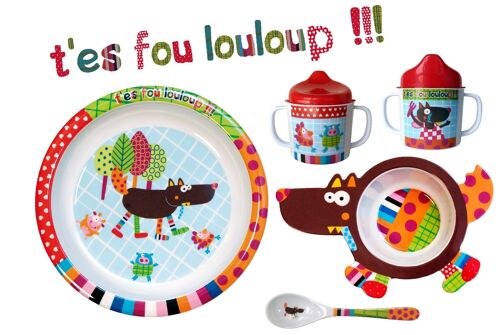 Coffret Cadeau Vaisselle mélamine bébé, 4 pièces, Assiette 21 cm, bol en forme de loup, mug, cuillère. Collection T'es Fou Louloup!!!