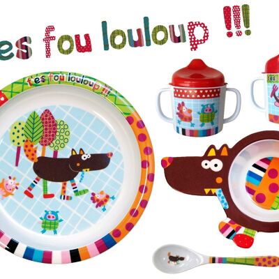 Coffret Cadeau Vaisselle mélamine bébé, 4 pièces, Assiette 21 cm, bol en forme de loup, mug, cuillère. Collection T'es Fou Louloup!!!